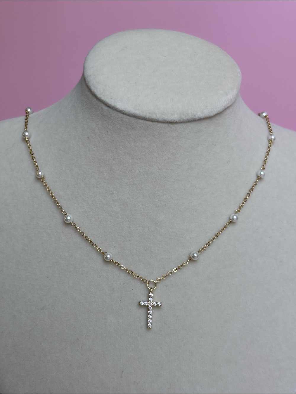 Gold Pearl Chain Necklace with Crystal Cross Pendant - Women's Jewelry